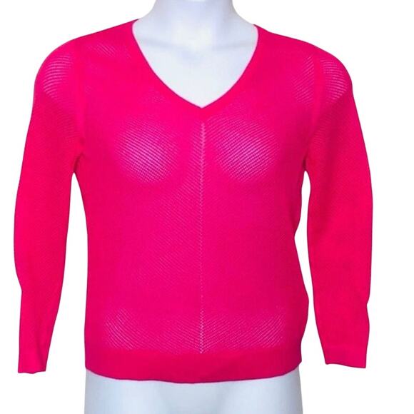 Banana Republic Bright Pink Open Knit V-Neck Sweater PS Lightweight Barbiecore - Picture 6 of 9